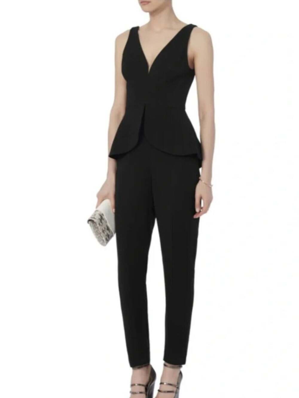 INTERMIX Miranda Black Peplum Plunge V-Neck Jumpsuit Size M
